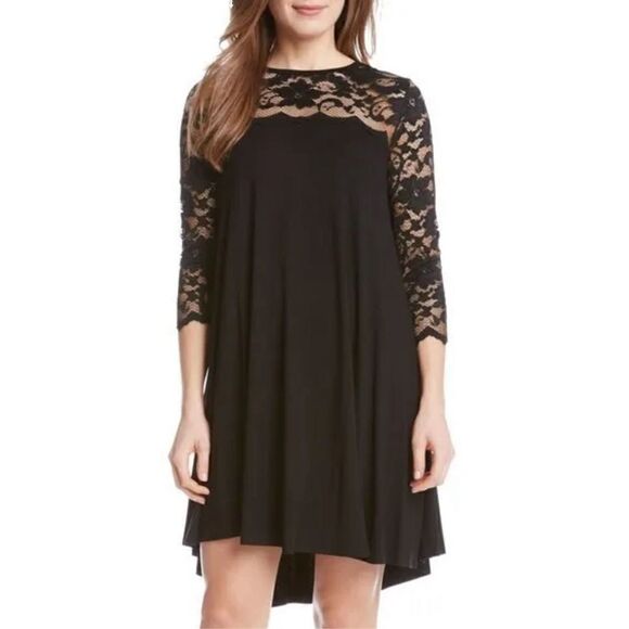 Karen Kane Women’s Large Lace Sleeve Trapeze Swing Dress • High Lo Hem Boat Neck - Picture 16 of 16
